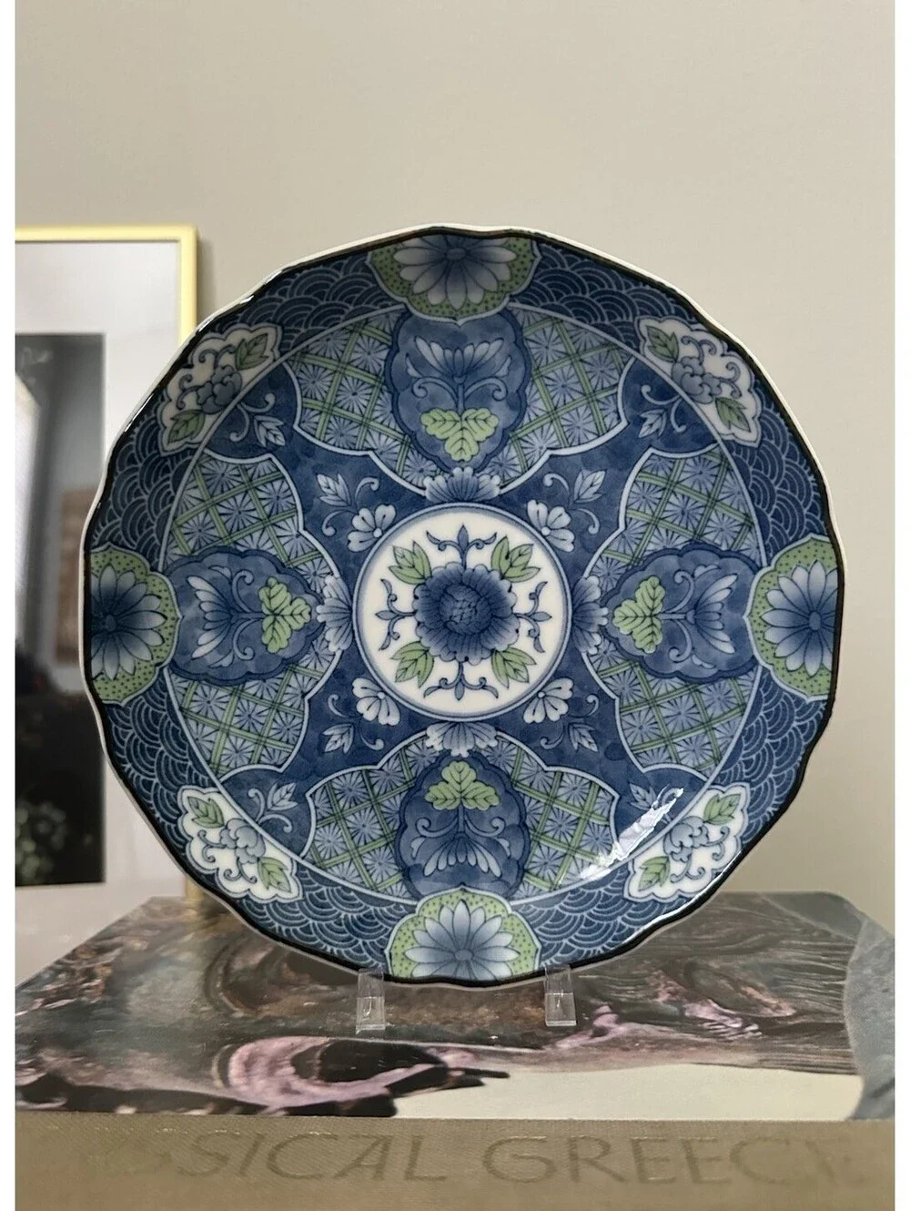 Vintage Japanese Porcelain Shallow Bowl From Hijiri Gama Kiln Blue Green Floral